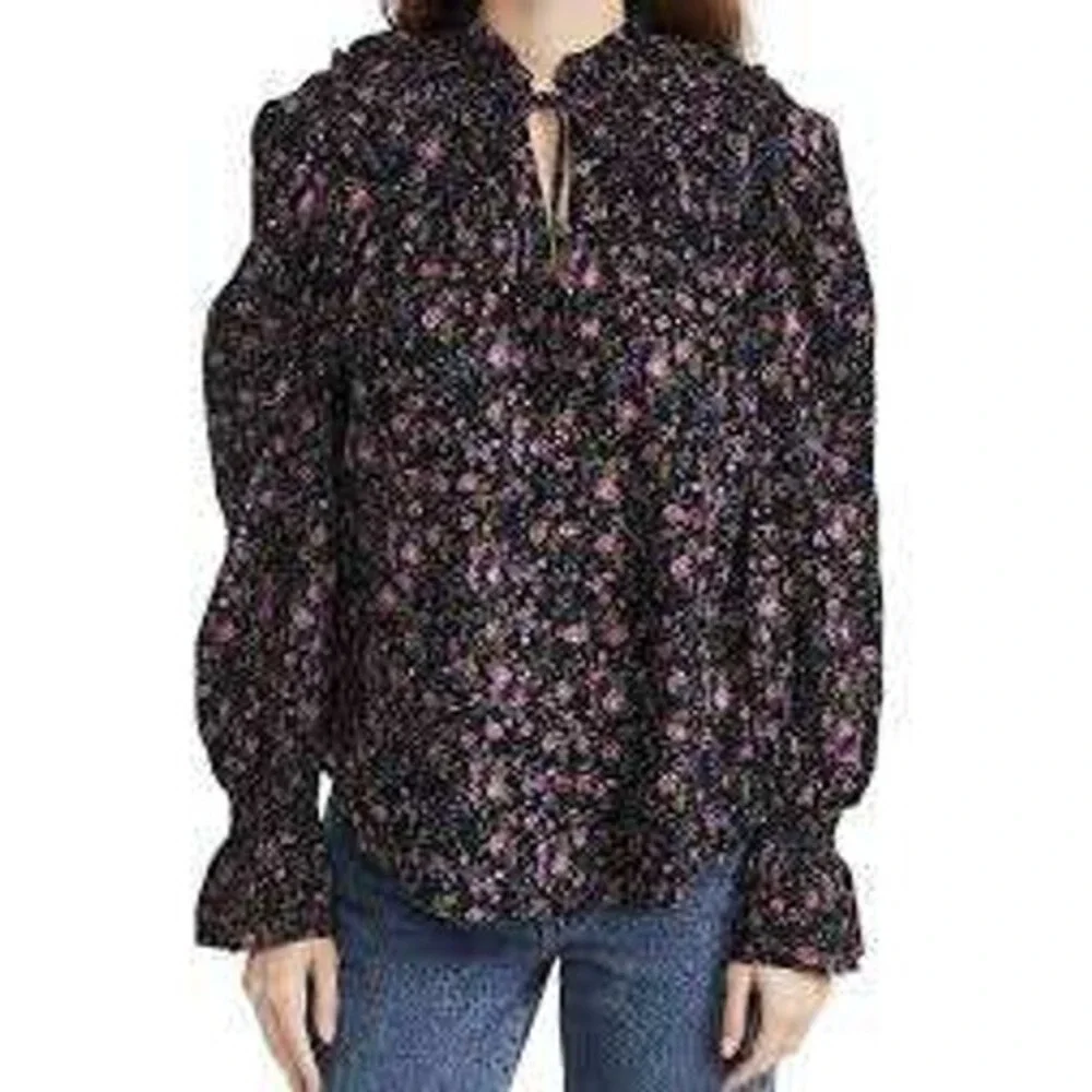 Free People Blouse med floral meant to be black feminine puff sleeve romantic ec